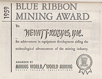 1959 Blue Ribbon Mining Award - Hewitt Robins
